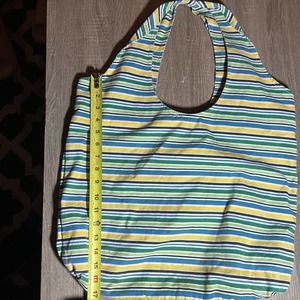 Lands End Canvas Tote Bag Medium Size Stripe, Green, Blue, White, 100% Cotton